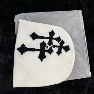 White Beanie with Black Cross Design